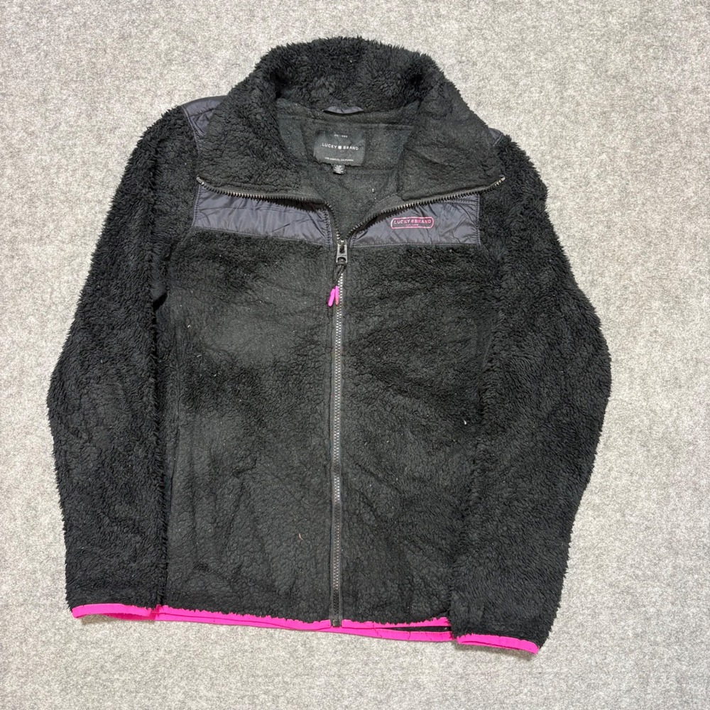 Lucky Brand Womens Black Sherpa Fleece Zip Up Jacket Pink Trim Size Small - Picture 1 of 6